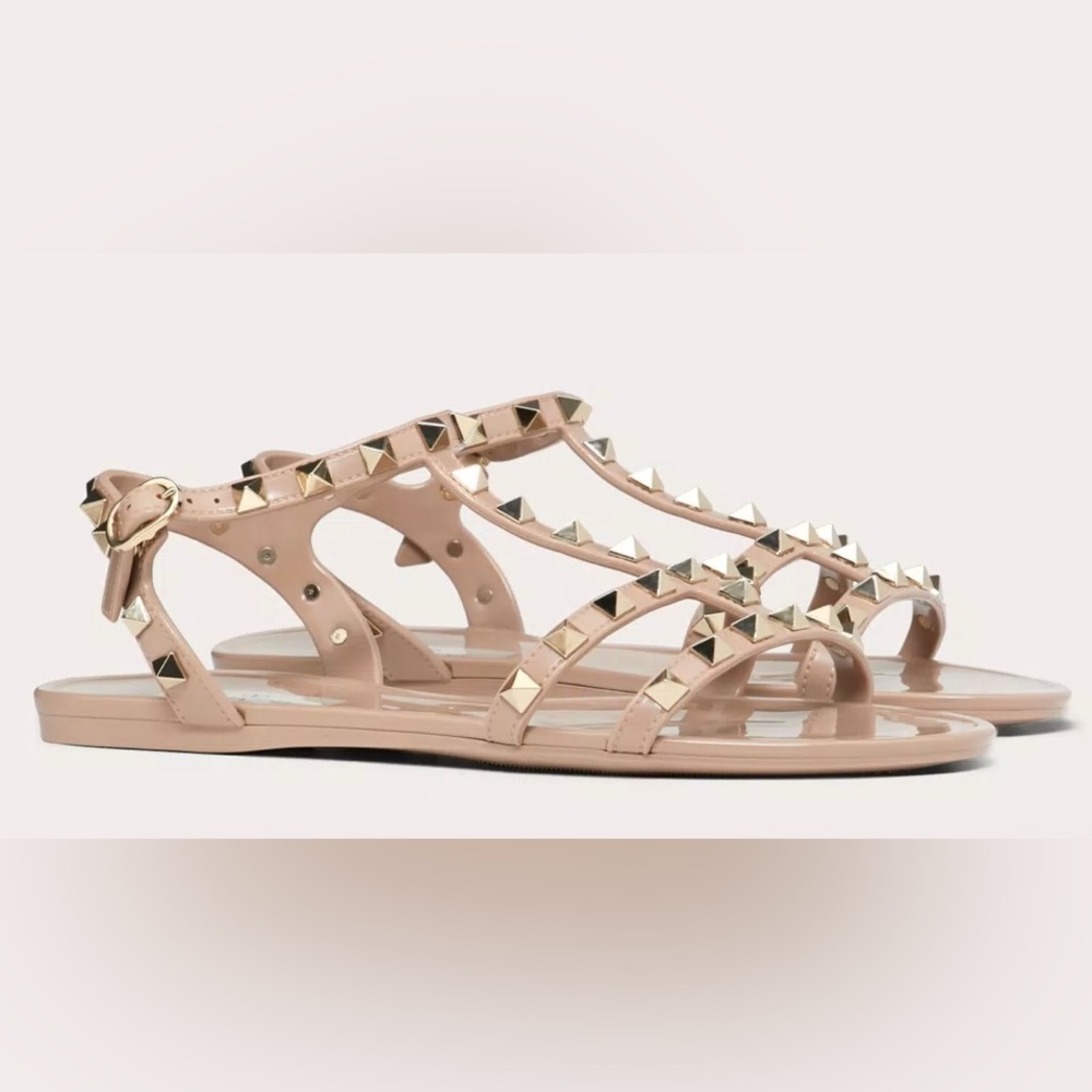 Valentino- Rockstud Flat Rubber Sandals w/ Ankle Strap - Poudre - EU 40 / US 10